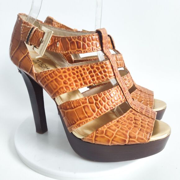 Michael Kors High Heels Size 6 T-Strap Sandals Camden Croc Embossed Camel Tan - Picture 2 of 11